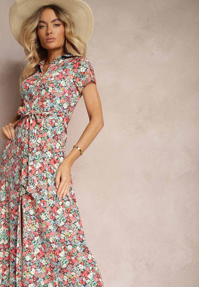 Czerwono-Zielona Rozkloszowana Sukienka z Wiskozą Zapinana na Guziki Ozdobiona Paskiem Dimica