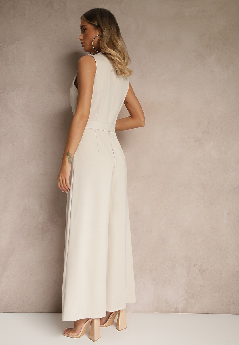 Jasnobeżowy Kombinezon o Taliowanym Kroju z Wiskozą i Paskiem Raliorea