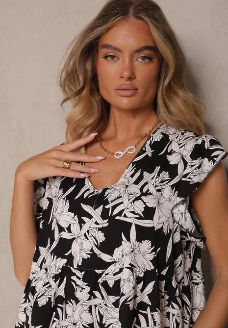 Czarna Kwiatowa Rozkloszowana Sukienka z Bawełny Liravira