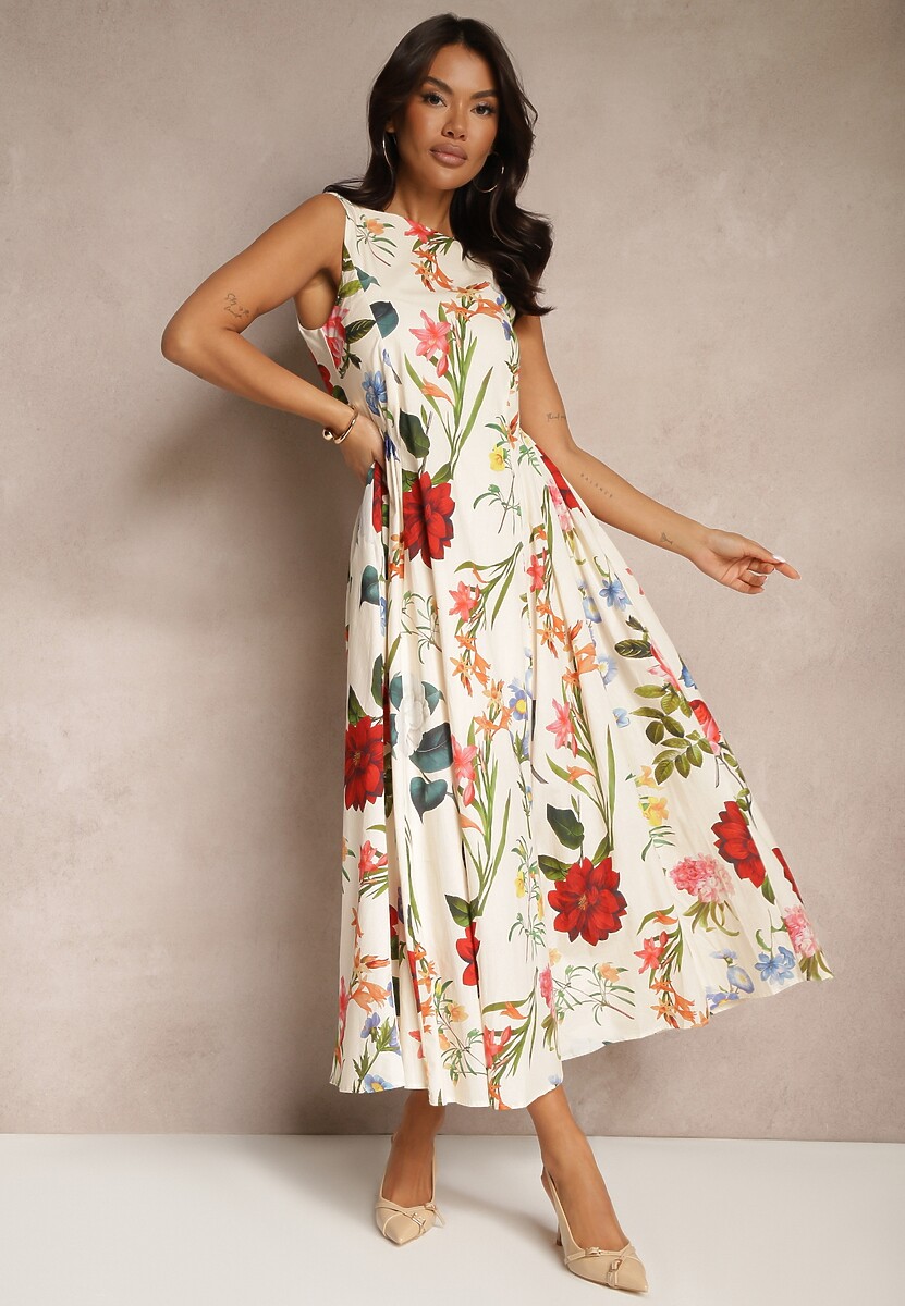 Beżowa Rozkloszowana Sukienka z Bawełny w Kwiatowy Wzór Ilanis