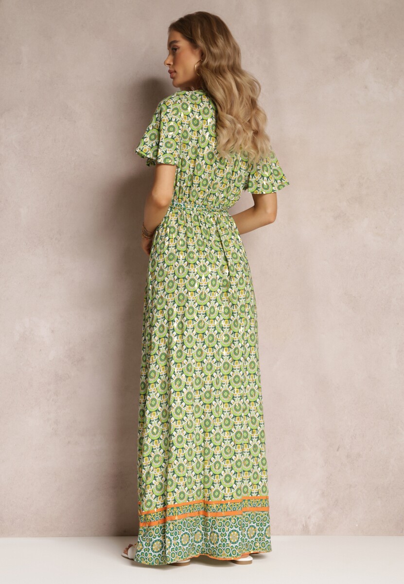 Zielona Sukienka Maxi z Paskiem i Gumką w Talii w Ornamentalny Wzór Calvim