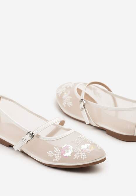 Białe Balerinki Transparentne w Stylu Mary Jane z Kwiatowymi Zdobieniami Nelritia
