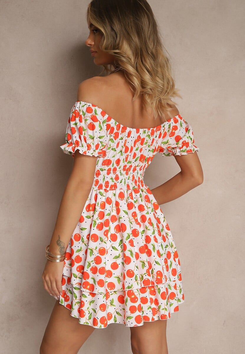 Biała Sukienka Rozkloszowana z Bawełną w Wisienki Lunasella