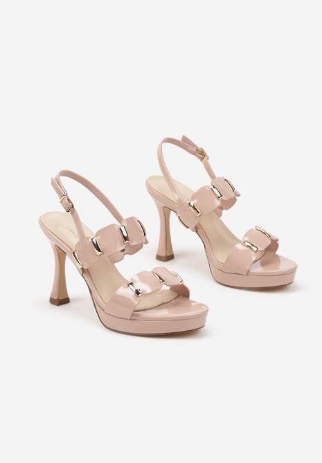 Beżowe Lakierowane Sandały na Szpilce z Ozdobnymi Paskami Vilamia