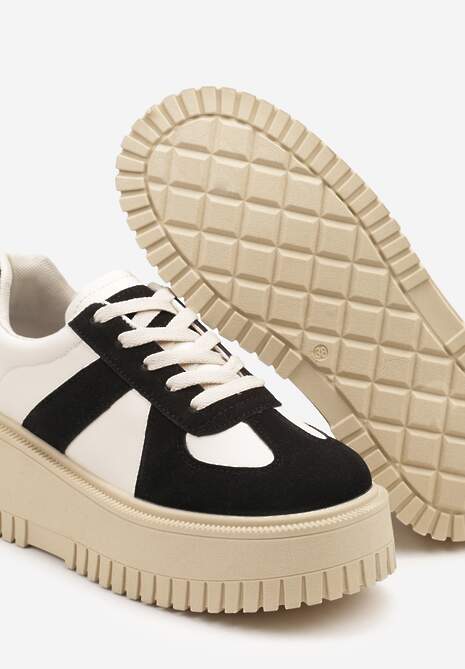 Czarno-Beżowe Sneakersy na Platformie Ozdobione Paskiem Vivesse