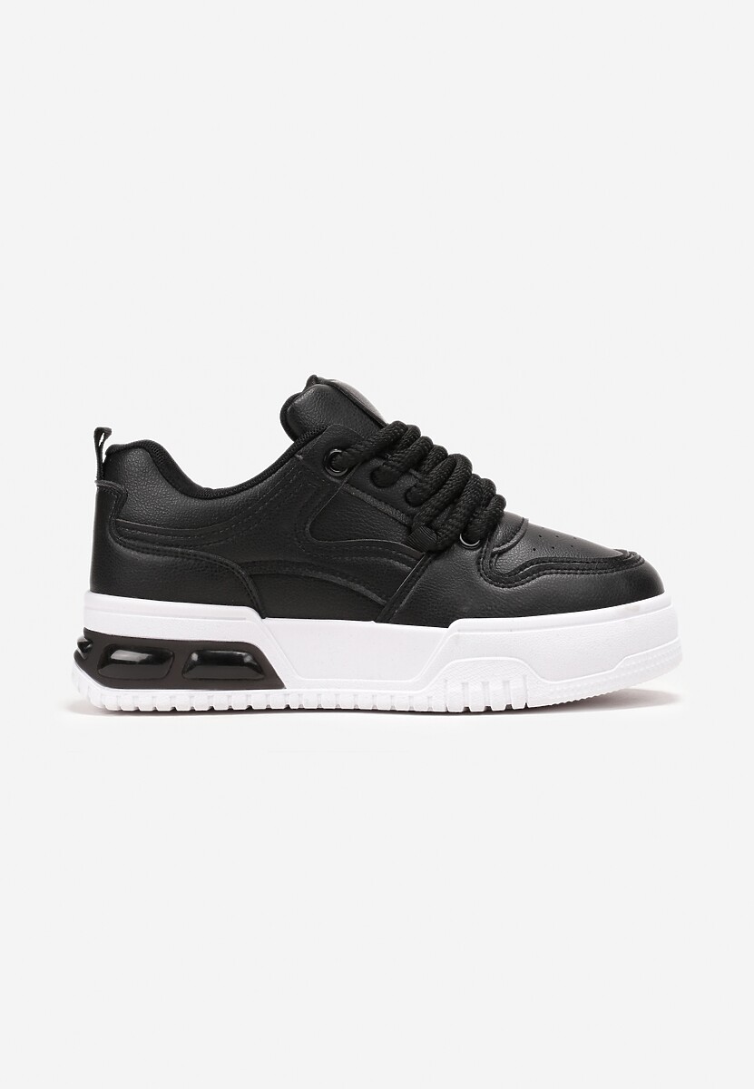 Czarne Sneakersy na Platformie z Imitacji Skóry z Przeszyciami i Sznurowaniem Celende