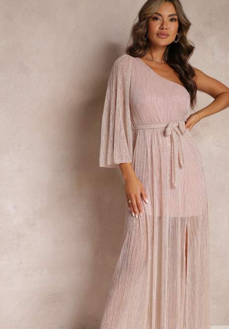 Ciemnoróżowa Asymetryczna Sukienka Maxi z Gumką i Wiązanym Paskiem w Talii Saminta