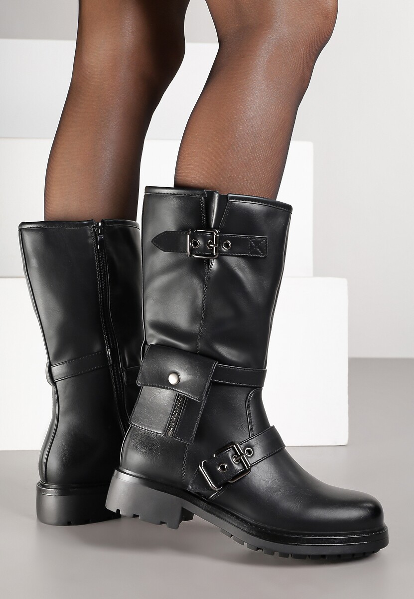 Czarne Botki Biker Boots Zdobione Klamerkami i Kieszonką Nalinnea