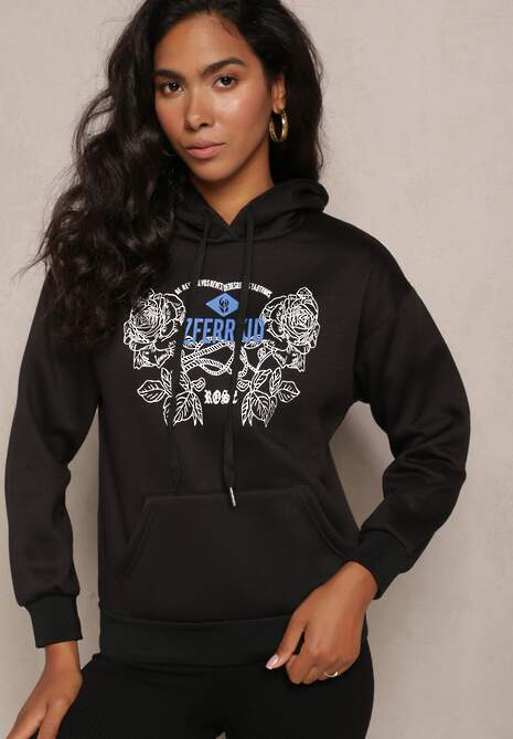 Czarna Modna Bluza z Nadrukiem i Kapturem Arinalu