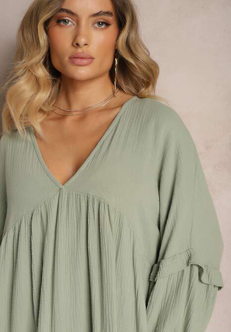 Ciemnozielona Muślinowa Trapezowa Sukienka z Bawełny Wykończona Falbaną i Ozdobnymi Rękawami Tanisea