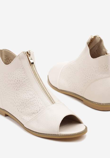 Beżowe Botki ze Skórzaną Wkładką z Tłoczoną Cholewką Lirive