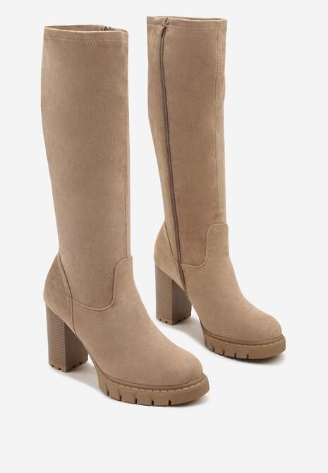 Ciemnobeżowe Kozaki z Imitacji Zamszu na Obcasie Typu Słupek Rilaresa