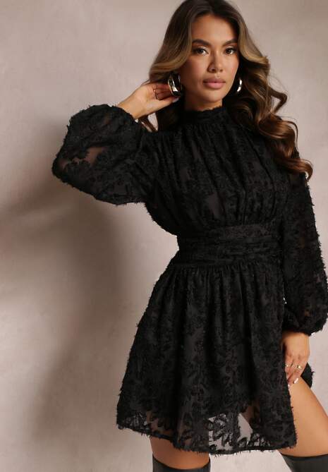 Czarna Koronkowa Sukienka Mini z Gumką w Pasie Netta
