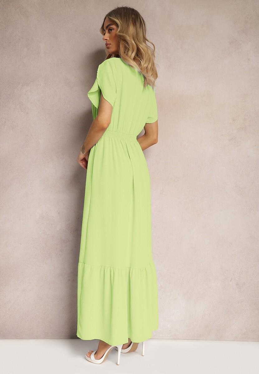 Jasnozielona Rozkloszowana Sukienka z Gumkami w Talii z Guzikami i Rozcięciem Gafia