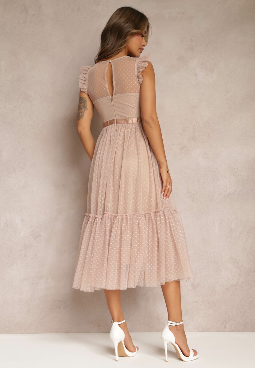 Beżowa Taliowana Sukienka z Tiulową Spódnicą i Górą z Koronki Darela