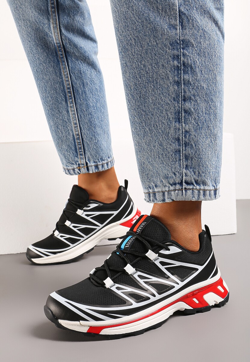 Czarno-Czerwone Sneakersy na Grubej Podeszwie ze Sznurowaniem i Ozdobnymi Gumowymi Elementami Tellgina