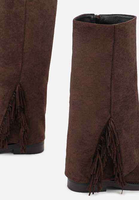 Brązowe Kozaki Ozdobione Frędzlami i Wywiniętą Cholewką Reilevia