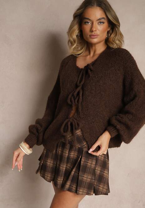 Brązowy Kardigan z Wełną o Kroju Oversize z Wiązanymi Kokardami Elearina