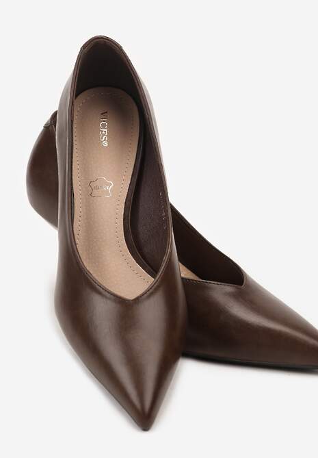 Brązowe Czółenka Vices na Kaczuszce z Wkładką ze Skóry Naturalnej Zaisse