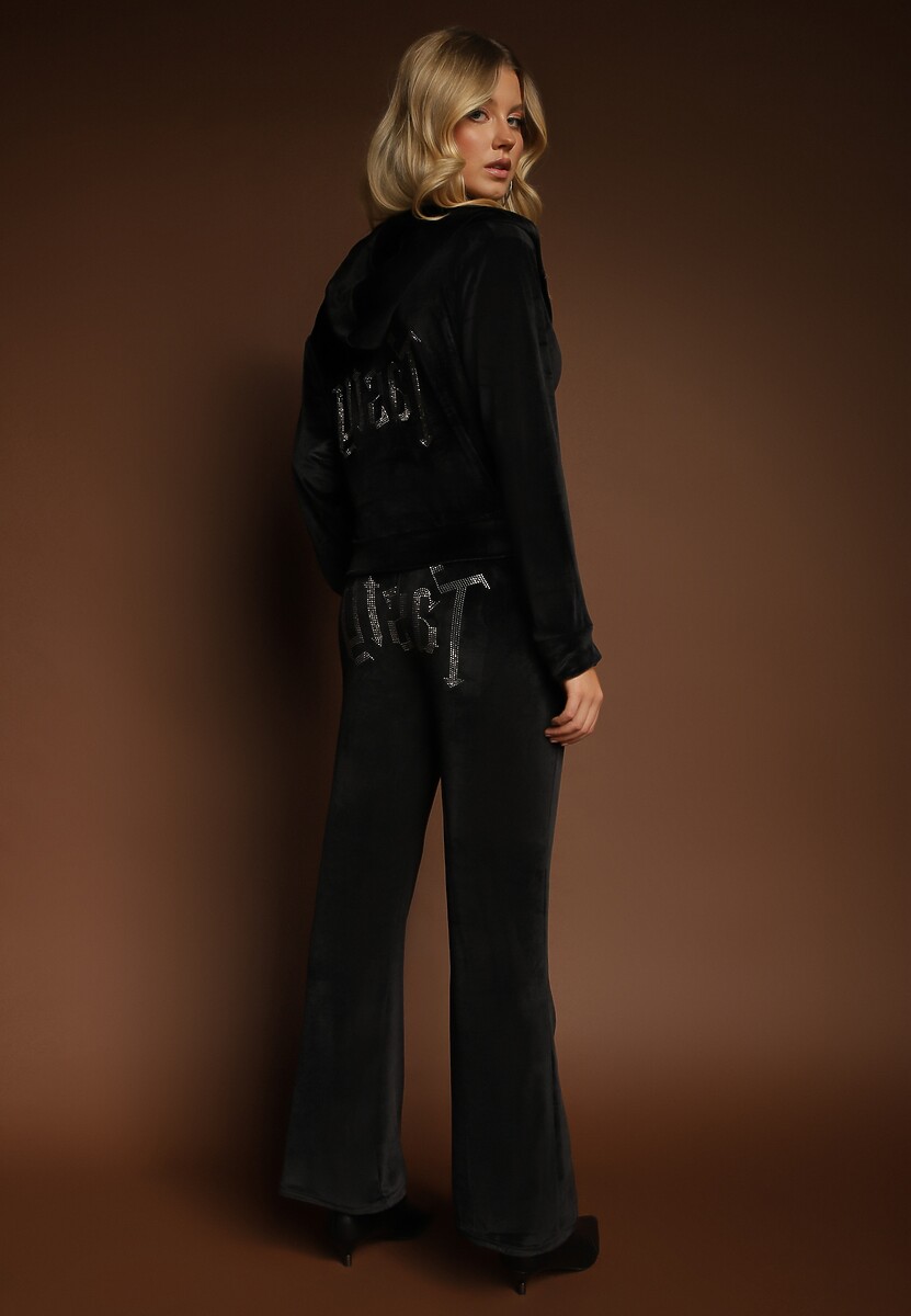 Granatowy Welurowy Komplet Dresowy Bluza i Spodnie ze Zdobieniem z Cyrkonii Velea