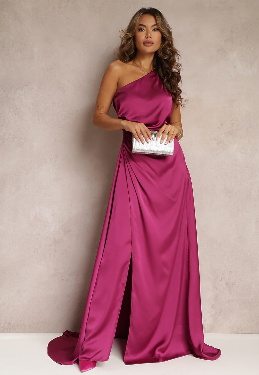 Fioletowa Elegancka Sukienka na Jedno Ramię o Asymetrycznym Fasonie Leylane