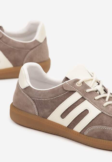 Brązowe Sneakersy Tenisówki ze Skóry Naturalnej z Geometrycznym Wzorem Carolie