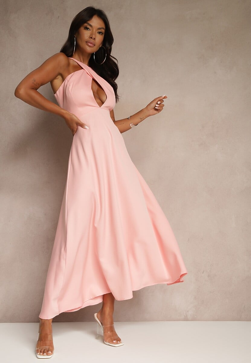 Różowa Koktajlowa Sukienka z Wiskozą i Dekoltem Halter Dolmanna