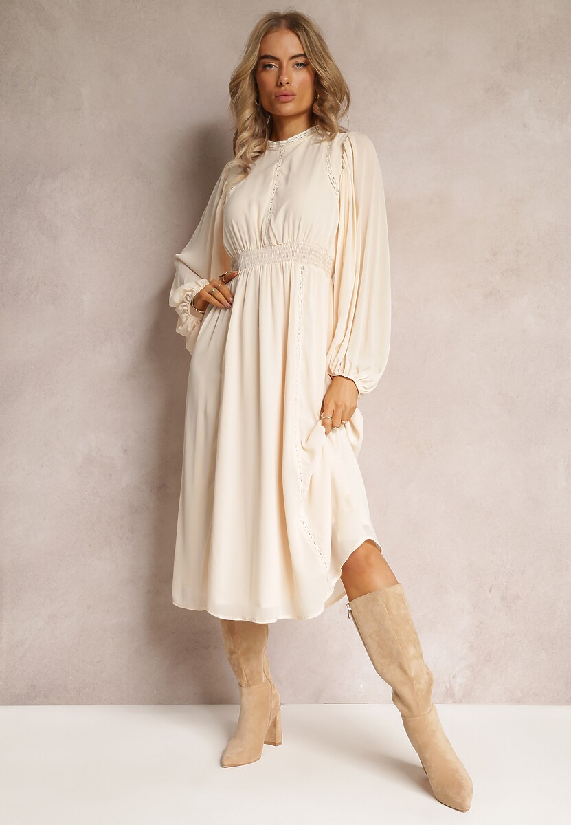 Beżowa Rozkloszowana Sukienka Midi z Gumkami w Talii i Koronką Ottillda