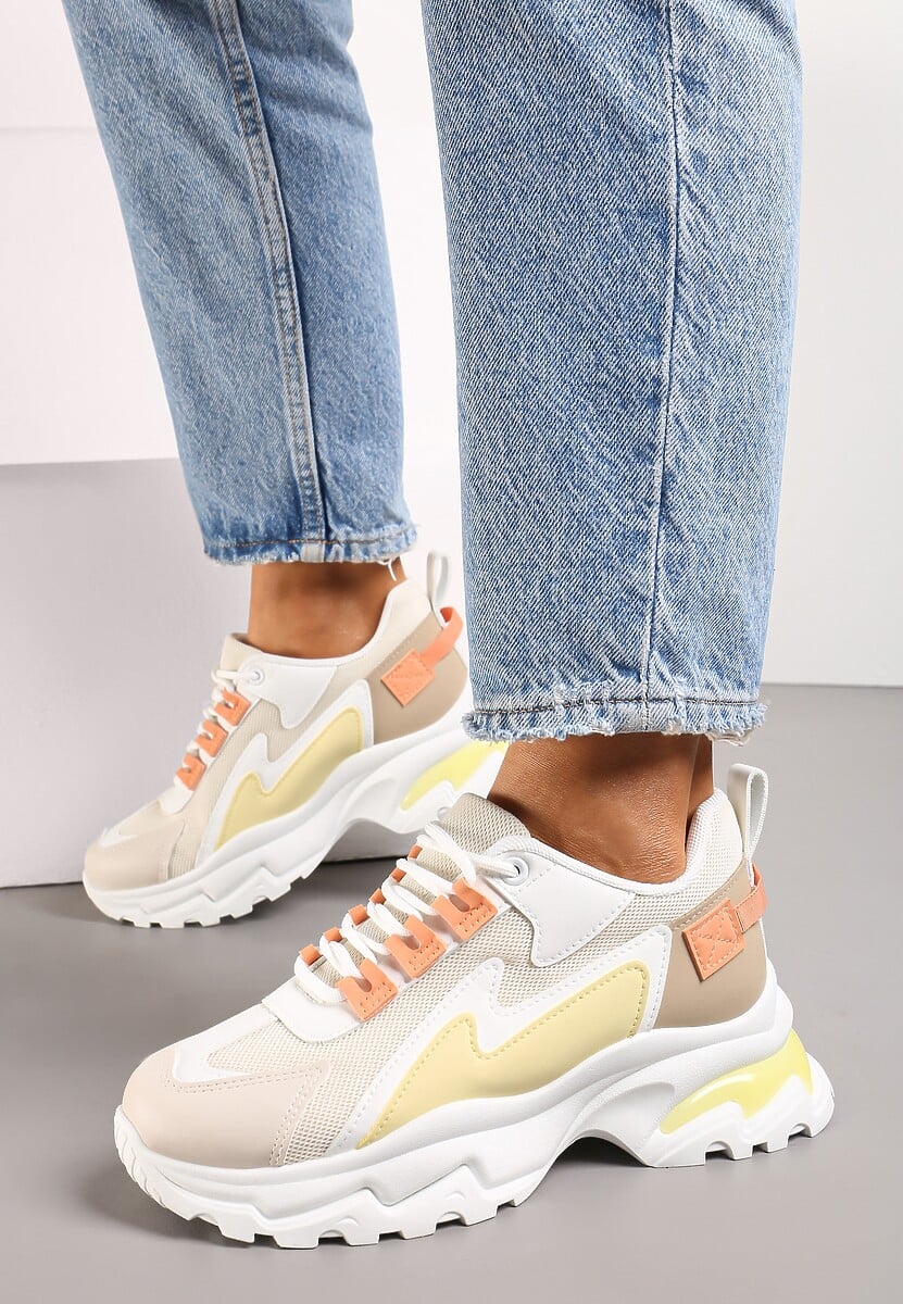 Biało-Żółte Sneakersy Na Grubej Podeszwie z Przeszyciami i Sznurwaniem  Marinil