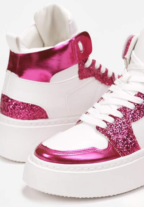 Biało-Fuksjowe Sznurowane Sneakersy za Kostkę z Brokatem i Metalicznymi Wstawkami Sareena