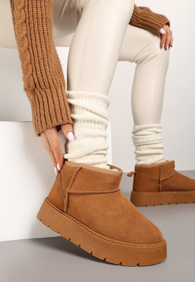 Brązowe Niskie Śniegowce ze Skóry Naturalnej Mocno Ocieplane Rialithe