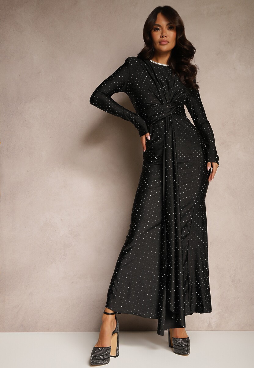 Czarna Dopasowana Sukienka Koktajlowa Marszczona w Pasie Zdobiona Cyrkoniami Rissanea