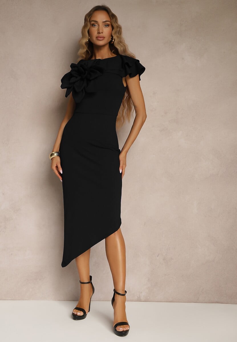 Czerwona Koktajlowa Asymetryczna Sukienka Vices z Kwiatem 3D i Falbankami Tolelira