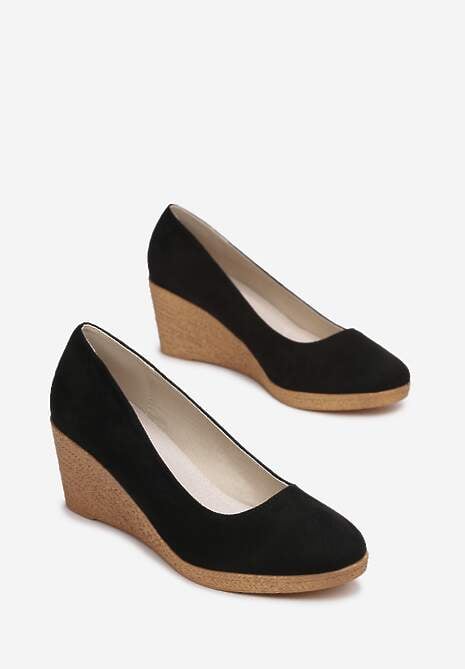 Czarne Czółenka Vices na Plecionym Koturnie ze Skórzaną Wkładką Ebersa