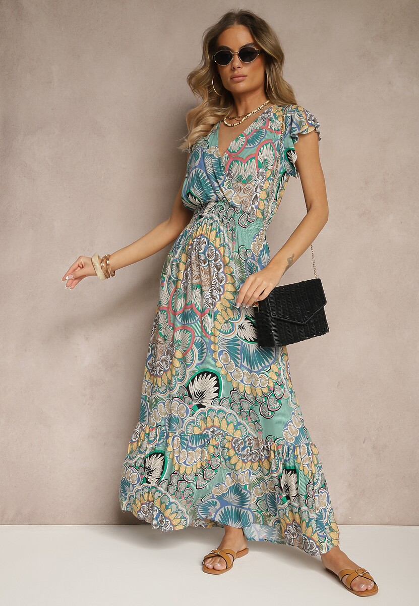 Zielono-Żółta Sukienka z Bawełny w Stylu Boho z Kopertowym Dekoltem Dillana