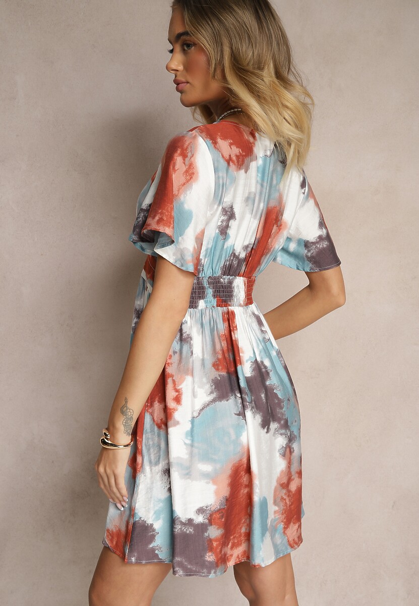 Pomarańczowa Kopertowa Sukienka z Wiskozą i Abstrakcyjnym Wzorem Feledia