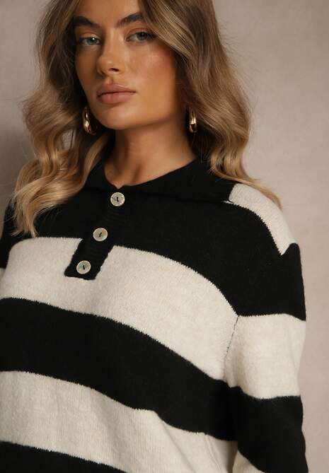 Czarny Pasiasty Sweter z Dodatkiem Wełny z Kołnierzykiem i Guzikami Tiarresa