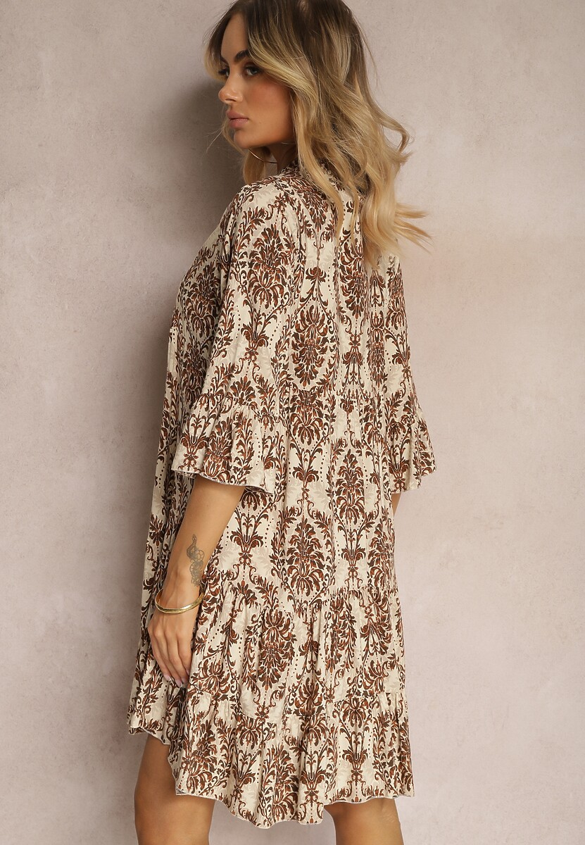 Brązowo-Beżowa Sukienka z Bawełny o Rozkloszowanym Kroju Wykończona Falbanką Niloa