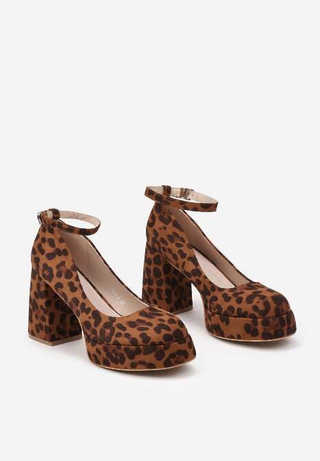 Brązowe Czółenka na Słupku z Wkładką ze Skóry Naturalnej Ozdobione Paskiem i Wzorem w Panterkę Miathene