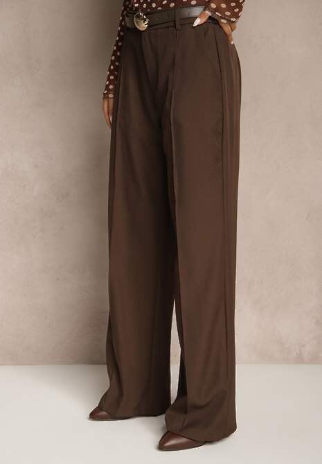 Brązowe Szerokie Spodnie Garniturowe z Paskiem ze Sprzączką Muszelką Salanva