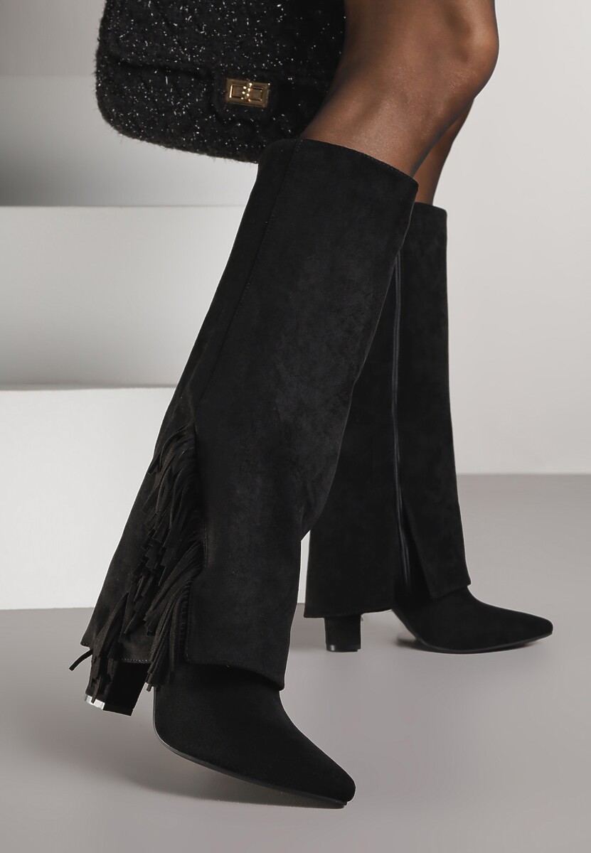 Brązowe Kozaki na Słupkowym Obcasie z Cholewką Imitującą Nogawkę z Frędzlami Linafela