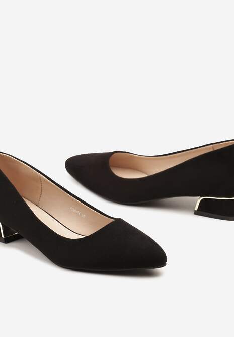 Czarne Czółenka na Słupku Ozdobione Metaliczną Ozdobą Panesha