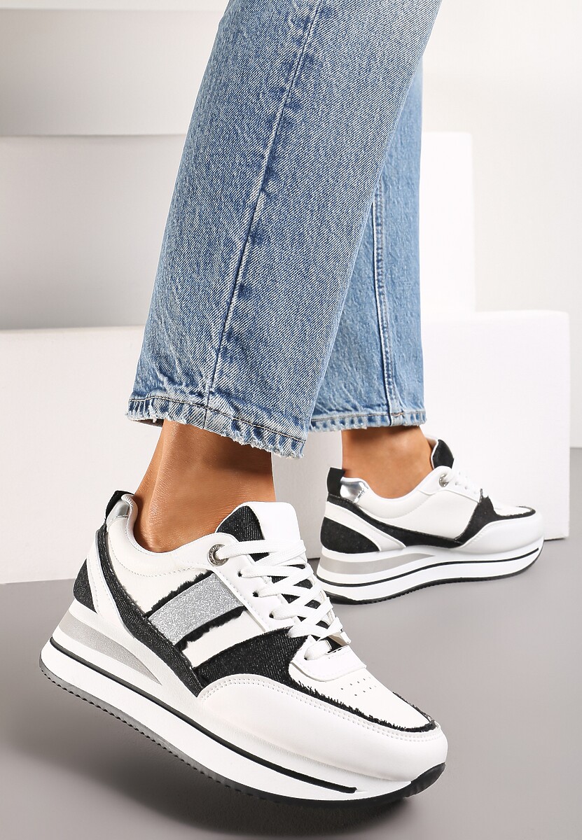 Biało-Czarne Sneakersy z Ekoskóry z Ozdobnymi Wstawkami i Grubą Podeszwą Amifa