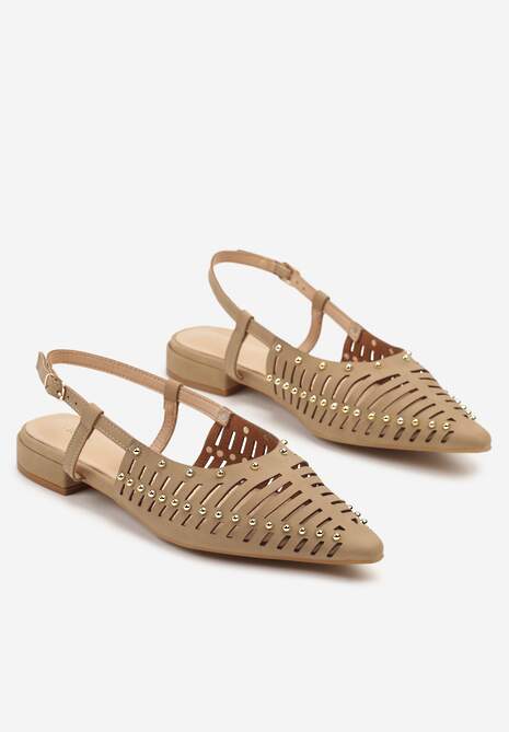 Ciemnobeżowe Sandały Vices w Stylu Mules z Nitami i Drobnymi Wycięciami Vevalora