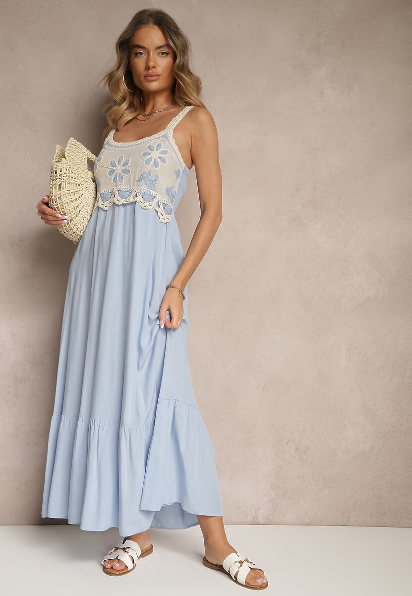 Niebieska Sukienka z Wiskozy Ozdobiona Haftem Rinastra