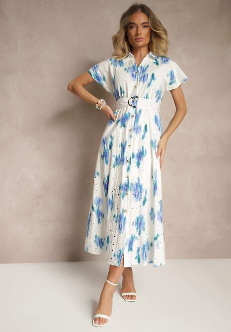 Biało-Niebieska Bawełniana Sukienka z Ażurowym Zdobieniem o Koszulowym Kroju z Paskiem Velpio