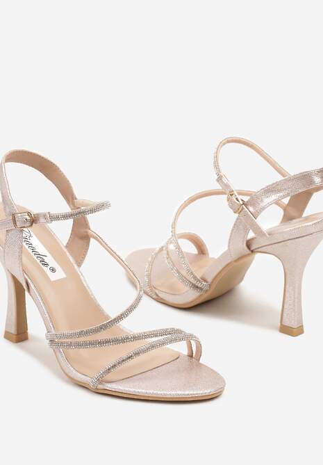 Szampańskie Sandały na Szpilce z Ozdobnymi Paskami i Cyrkoniami Wanilia