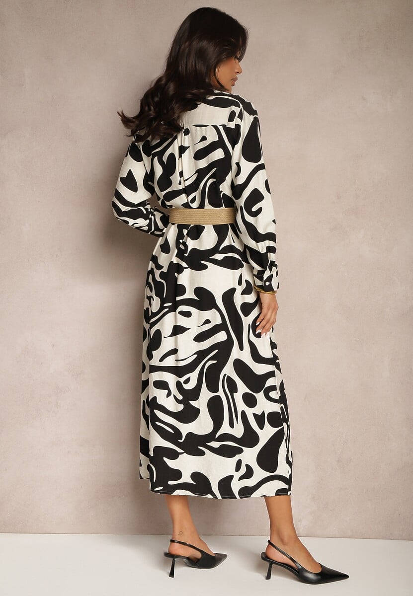 Czarna Sukienka z Wiskozą o Koszulowym Kroju z Plecionym Paskiem Faledina