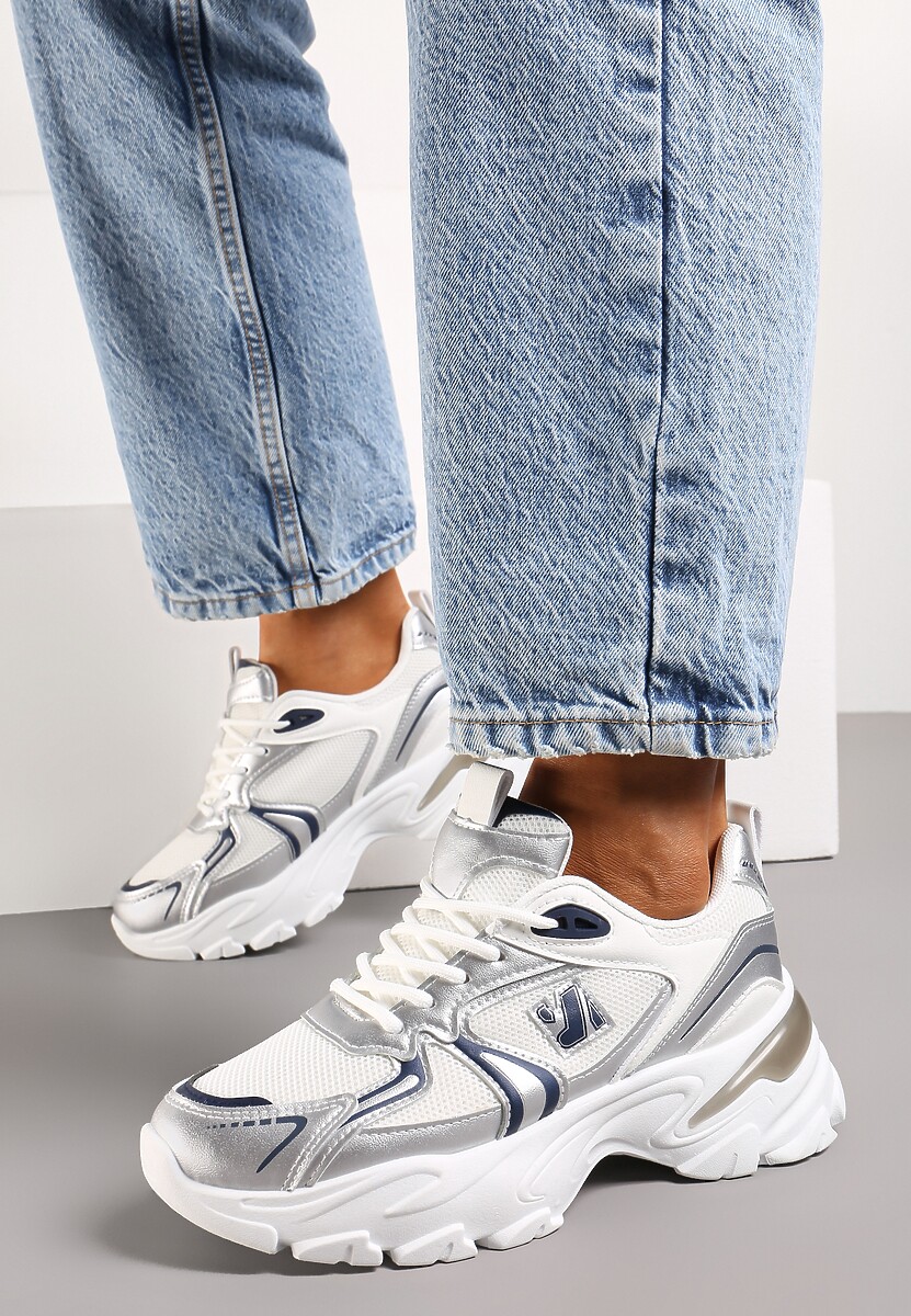 Biało-Srebrne Sznurowane Sneakersy z Ekoskóry na Grubej Podeszwie z Siateczkową Wstawką Aldaria