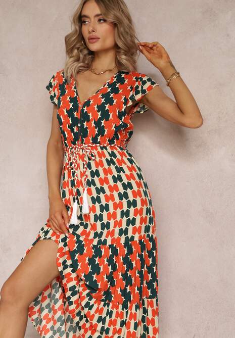 Pomarańczowa Wiskozowa Sukienka Maxi z Gumką w Talii i Falbankami przy Ramionach Baldise